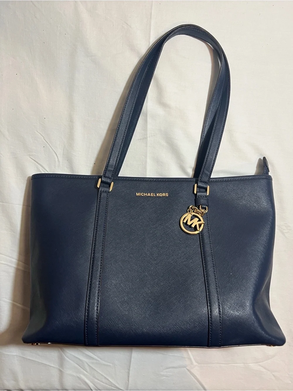Michael Kors Jet Set Travel Navy Saffiano Leather Tote Bag Gold Hardware